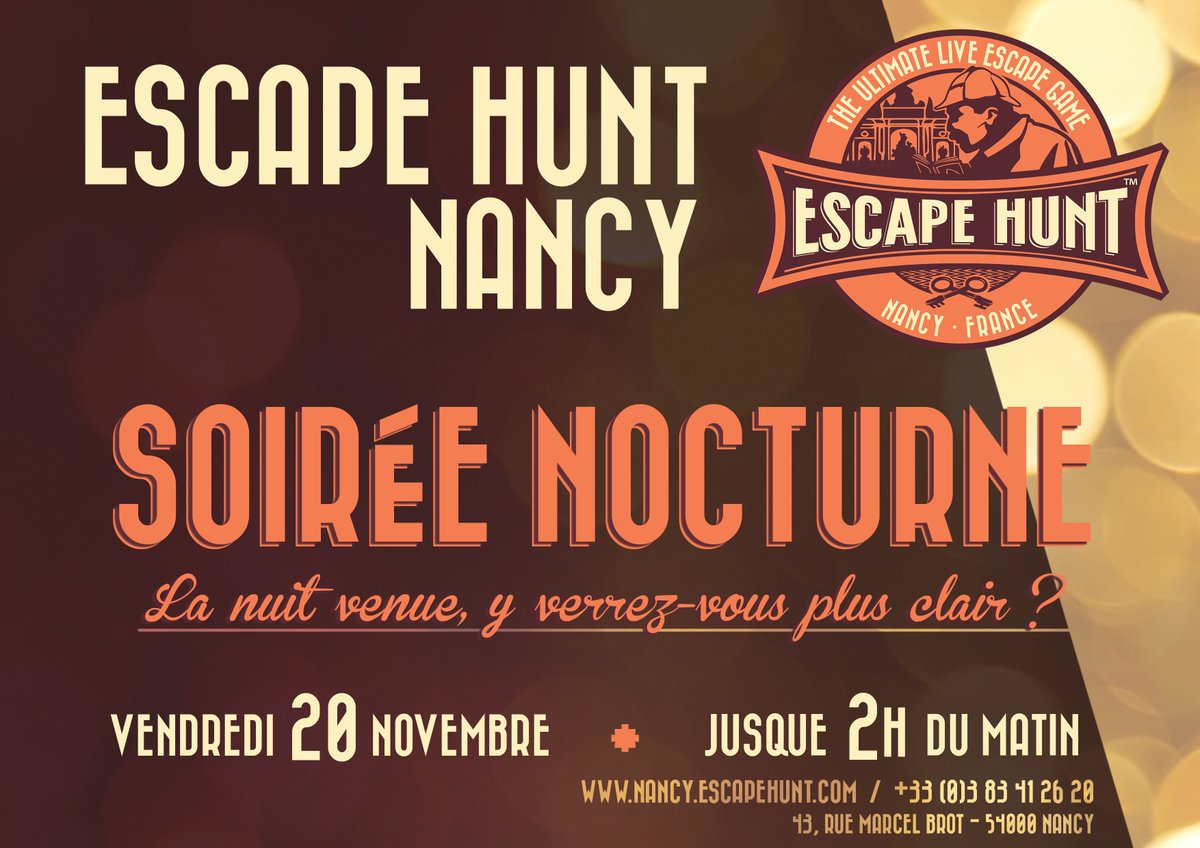 EscapeHuntNCY's tweet photo. Laissez-vous tenter par une enquête en nocturne ce vendredi !
#EscapeHunt #Nancy #Nocturne https://t.co/H4AhBWmwc5