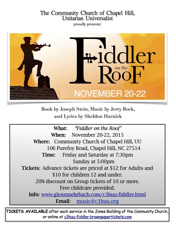 EllenCiompi's tweet photo. This weekend, see Fiddler on the Roof, Chapel Hill Unitarian Church, Purefoy Road. Why go to Bway? #localperformance https://t.co/ClqDV294q1
