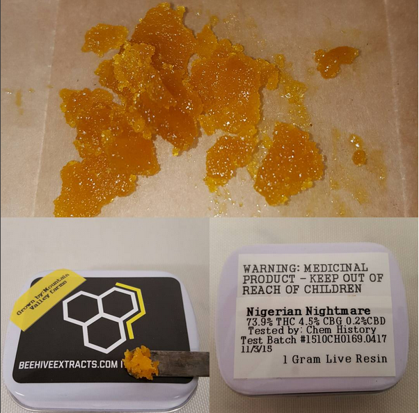 BeeHiveExtracts's tweet photo. We just got our Nigerian Nightmare Live Resin ready for you guys. Tested at 73.9% THC / 0.2 CBD / 4.5 CBG https://t.co/J00EeFEJlc