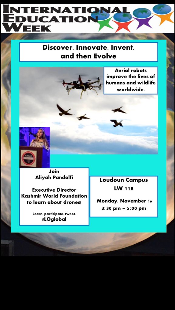 novaloudoun's tweet photo. Let's Go! Now - 3:30pm #LOcampus in LW 118 @KashmirWorldFDN shows how drones support humanitarian efforts #LOGlobal https://t.co/EFrcxhP9YZ