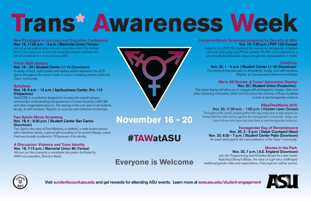 CultureASU's tweet photo. Tonight at L1-15 at the Downtown campus celebrate the start of Trans* Awareness Week! #TAWatASU https://t.co/8VO6HPP47F