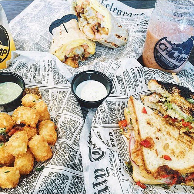 CHOMPEATERY's tweet photo. Our #BROrito, tater tots and pesto chicken sandwich. It's what's for lunch! @jennymichellely https://t.co/TEQ0bLDmxH