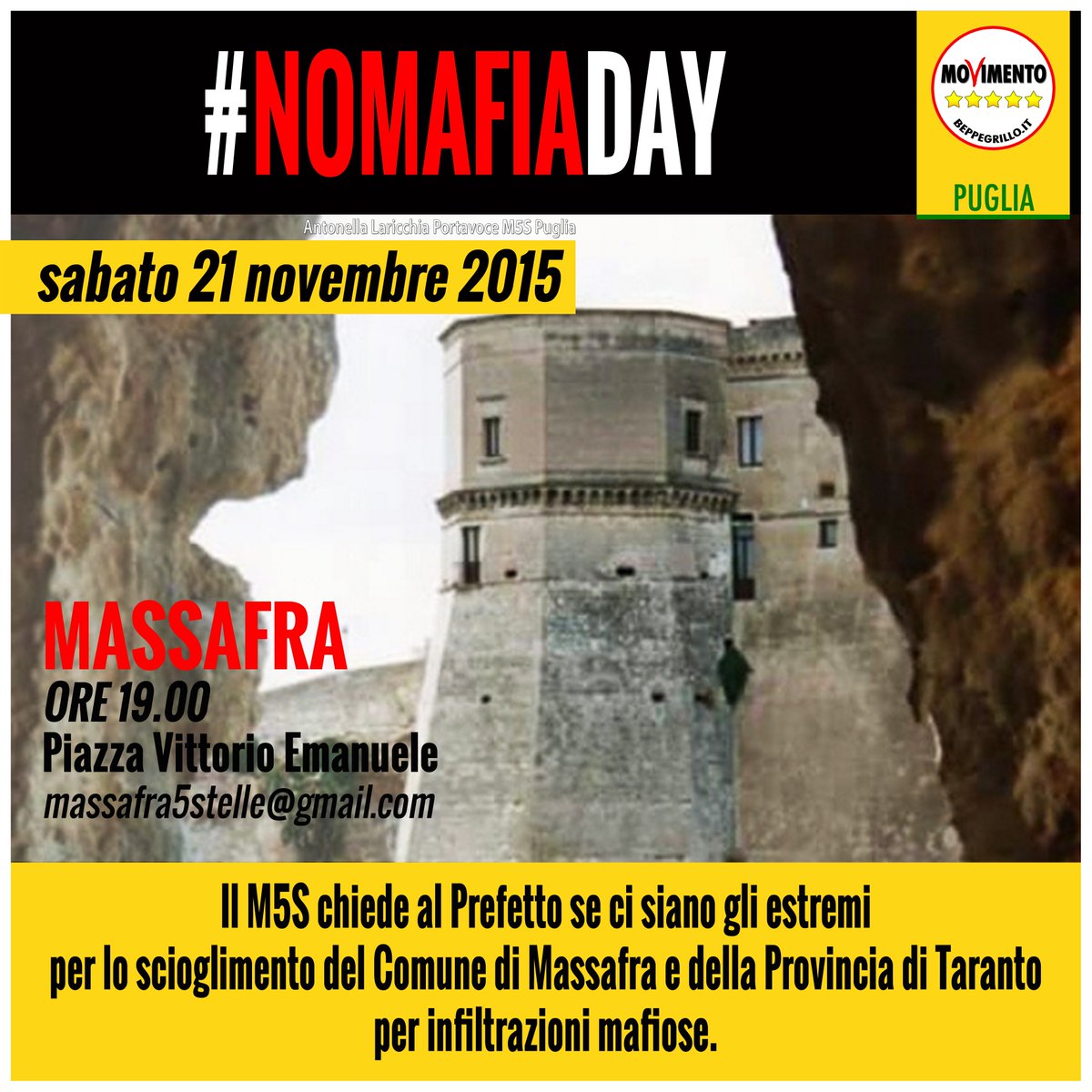 AntoLari1986's tweet photo. Il 21 novembre a #Massafra il #NoMafiaDay.
Noi Portavoce pugliesi del #M5S...https://t.co/AqTK9ejnoo #PassateParola https://t.co/N7kpCibMxB