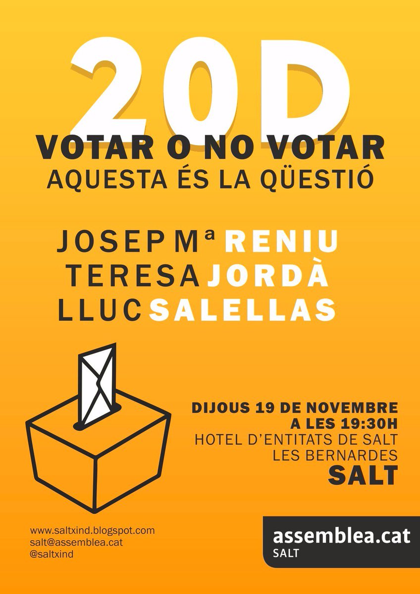 #20D Votar o no votar...En parlarem dijous a #Salt amb @llucsalellas CUP, <a href="/TeresaJorda/">Teresa Jordà</a> ERC i <a href="/jmreniu/">Josep Mª Reniu Vilamala</a> del CATN