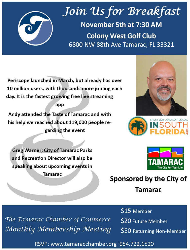 WeAreFPA's tweet photo. Honored to be the guest speaker @TamaracChamber breakfast tomm morning! #broward #Periscope @DanDaley #ISFLSA https://t.co/Oo4mDILhG1