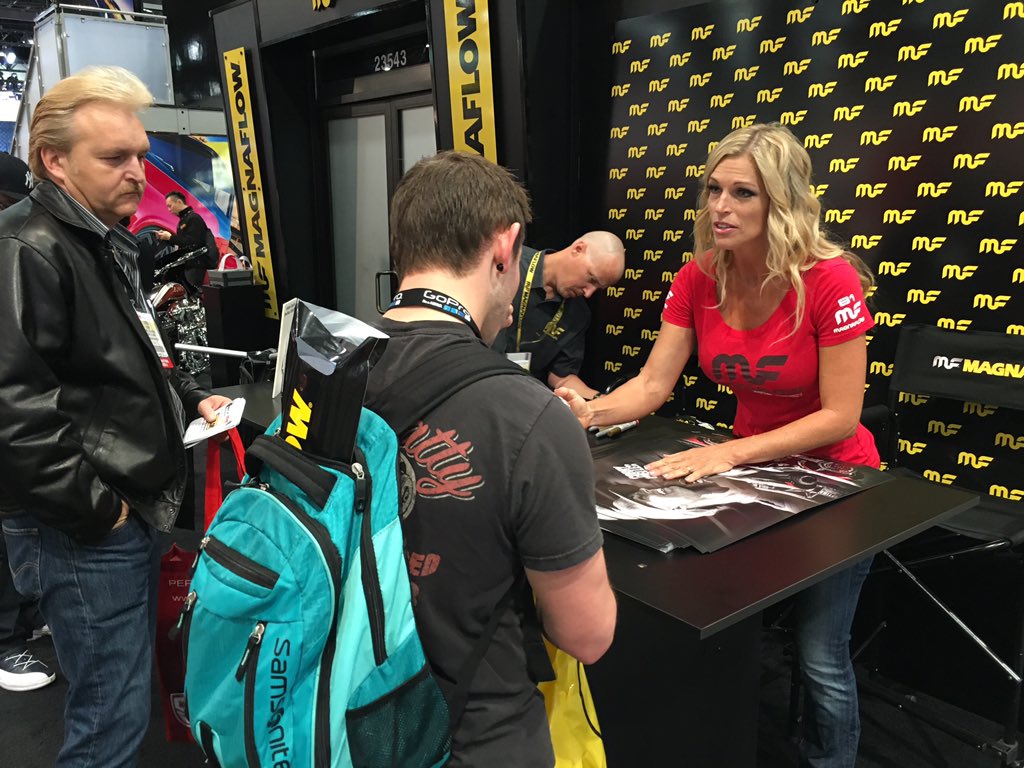 Magnaflow's tweet photo. @CorryWeller in the booth and meeting fans! #MFSEMA2015 #sema15 https://t.co/jVMPM5GEO5