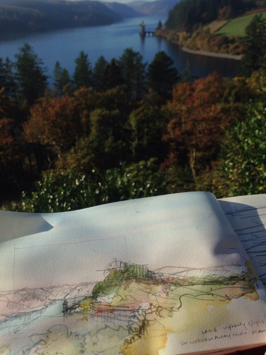 Flan_Studio's tweet photo. Lake Vyrnwy is beautiful, and that pump station... #sketch #watercolour #victorian #architecture https://t.co/BNBuWVIozU