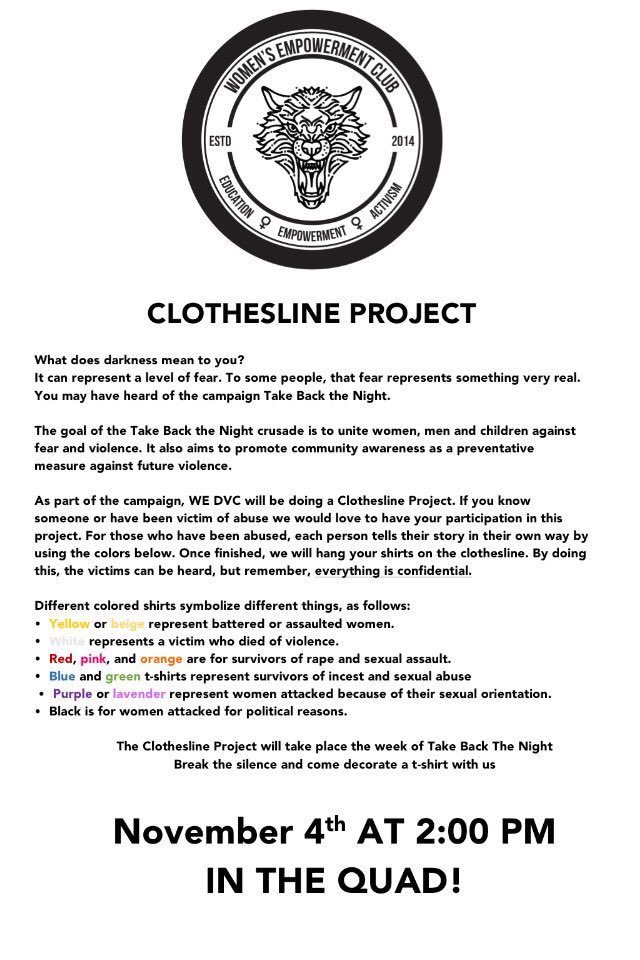 WE_DVC's tweet photo. TODAY is the day! #WEDVC is putting on our first #TBTN and #ClotheslineProject event. WE hope to see you there! https://t.co/UHW2ggjd5t