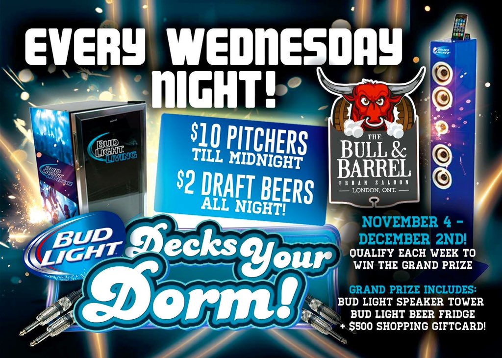 HUMP DAY!!
$10 pitchers til midnight
$2 draft beers All Night!
#BudLightDecksYourDorm