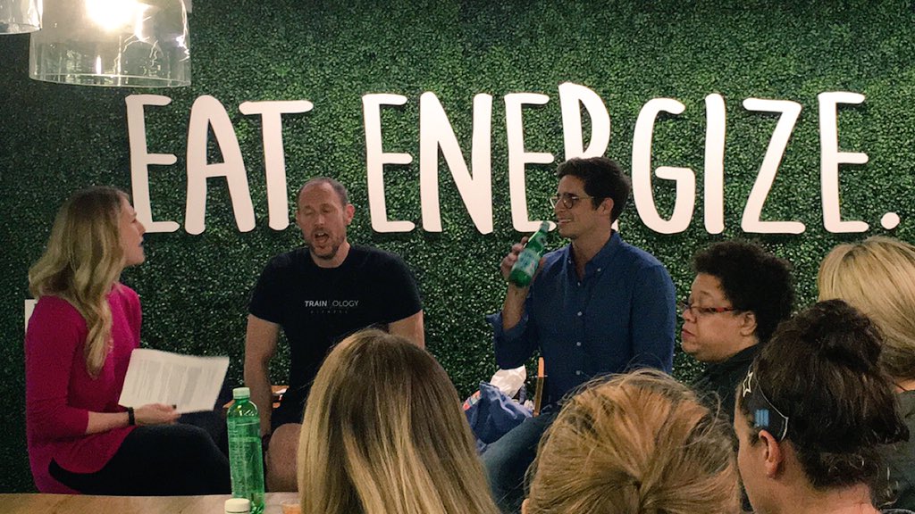 tweetadamsoko's tweet photo. At @freshii in @1871Chicago listening to @ablair05 &amp; @wollpert of @TRAINologyChi talk about fitness and nutrition! https://t.co/1iTUr6cehe