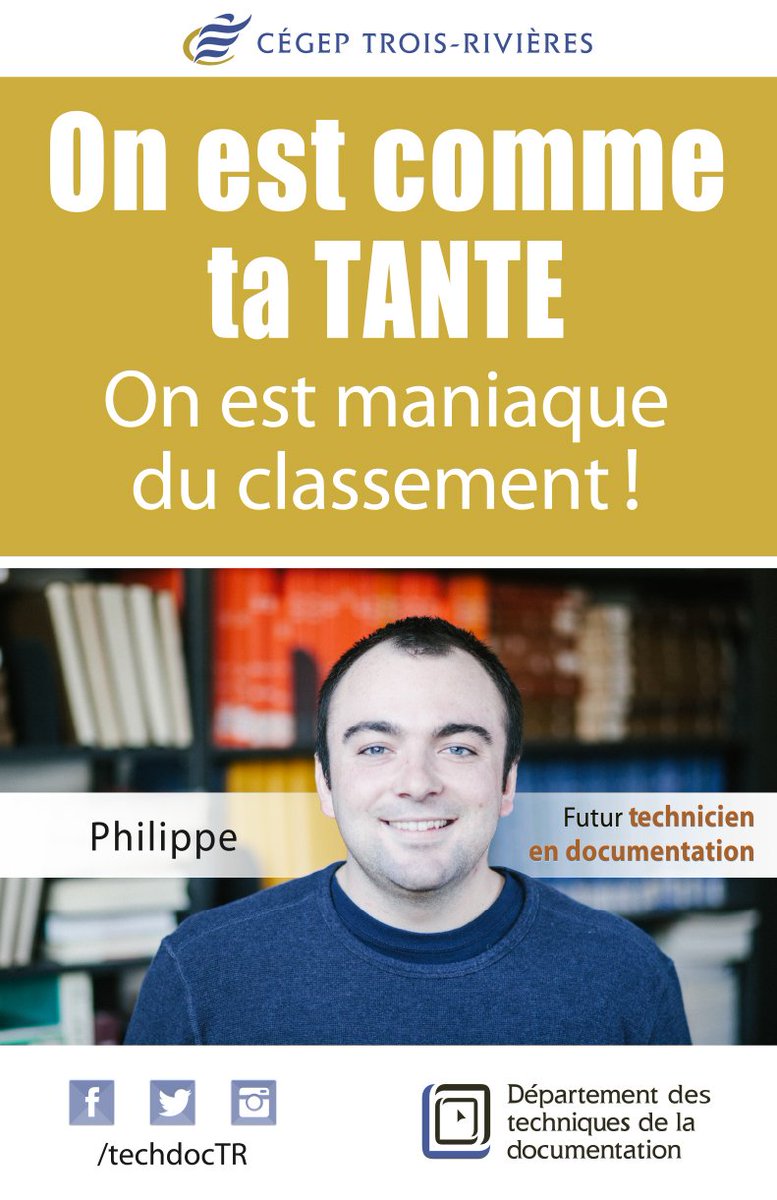 techdoctr's tweet photo. "On est comme ta tante : on est maniaque du classement!" Philippe, tech. en documentation #techdocv2 #techdoctr https://t.co/u98MUgphmh