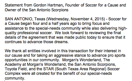 SAScorpions's tweet photo. Statement from Gordon Hartman, Founder of Soccer for a Cause and Owner of the San Antonio Scorpions https://t.co/d9o7b9wRV6