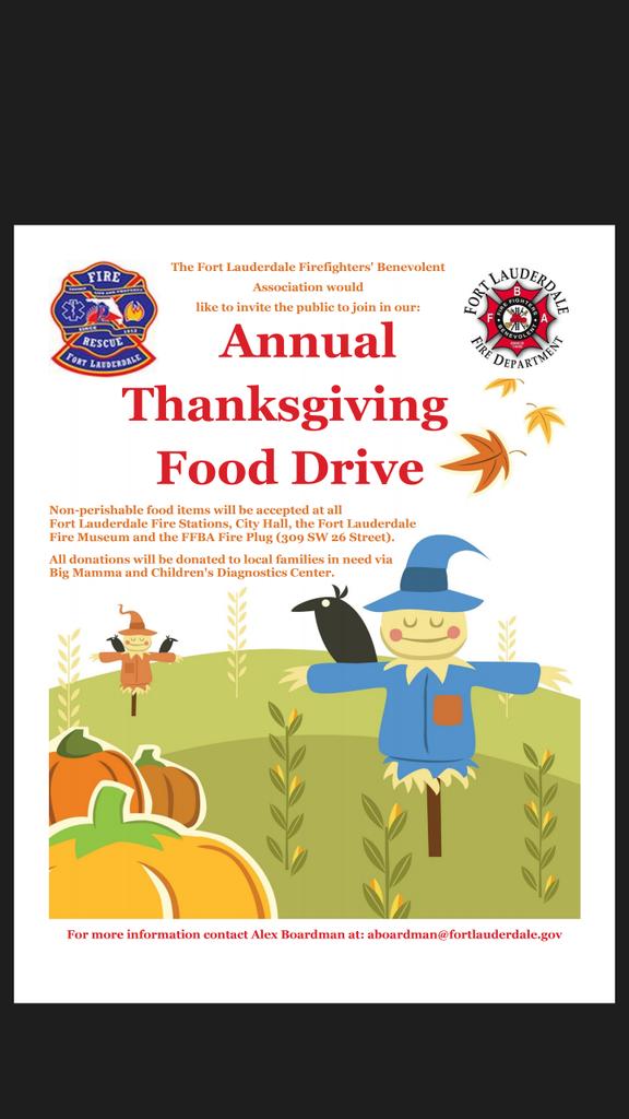 FLFBA's tweet photo. Annual Food Drive,  drop off at any FLFD Firehouse, our Hall or Museum. @FtLaudFire https://t.co/IIvinNVtnY