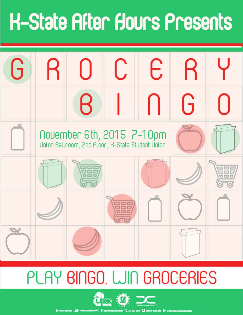 kstateUPC's tweet photo. Come play bingo and win free groceries with #UPCAfterHours! This Friday at 7pm in the Union Ballroom! FREE! https://t.co/Ya1YcxqcbO
