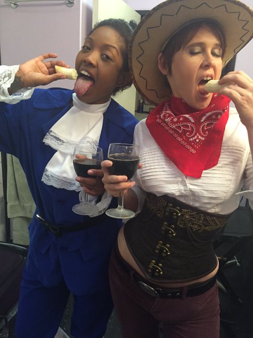 Bananas &amp; Iced coffee in wine glasses🍌👯🍷🍷 w/my girl @lily_cade on set today #wildwildwest https://t.<a href="/tag/wildwildwest"class="tags"><span>#wildwildwest</span></a>