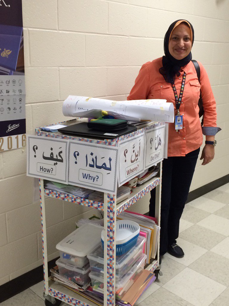Arabic teacher Dalia utilizes a cart for posting question words at South HS@MPSMultilingual