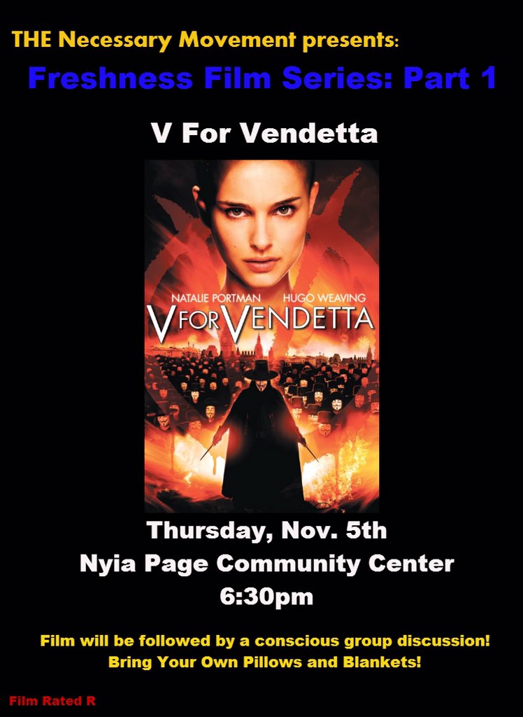 redefining_self's tweet photo. Remember, remember the 5th of November...

Come tomorrow to see V For Vendetta followed by a conscious discussion! https://t.co/LcIE0aKobc