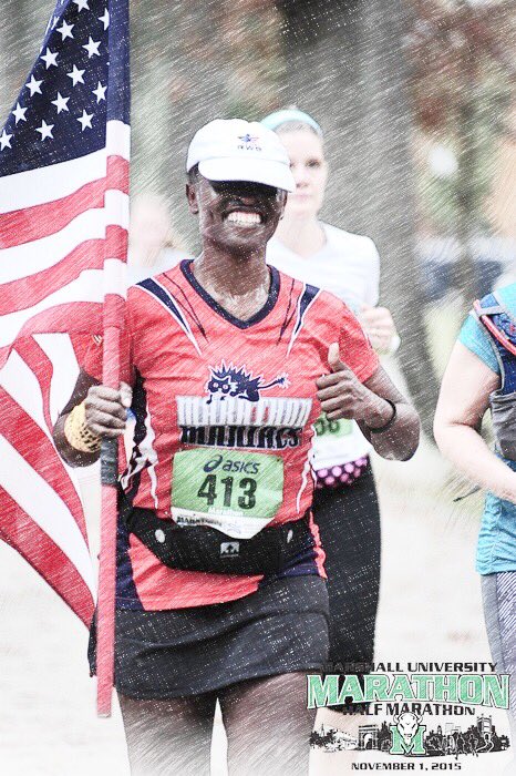 Jammyjam79's tweet photo. Old Glory and I at Marshall University Marathon 🇺🇸 @MU_Marathon #TeamRWB #marathonmaniacs #nikeplus #eagleup https://t.co/PvKNN3U3U1