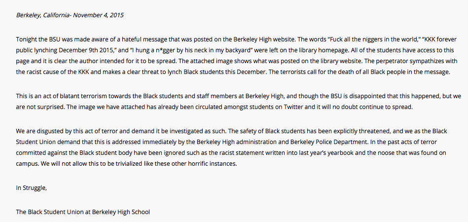 Abbas_Muntaqim's tweet photo. BREAKING: Press Release from @BerkeleyBSU on KKK threat of lynching on campus. #BerkeleyKKK 
https://t.co/jUqrmWCNfb https://t.co/ggfXIu8wUN