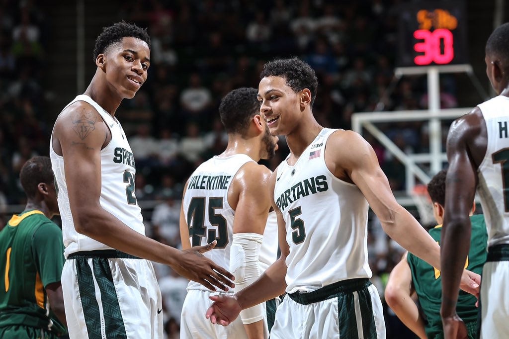 MSU_Basketball's tweet photo. Lots of smiles during MSU's 94-53 exhibition victory. https://t.co/JU4GtXJ27b
