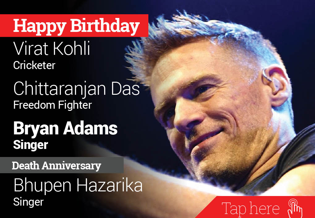 Homage Bhupen Hazarika. Happy Birthday Virat Kohli, Chittaranjan Das, Bryan Adams 