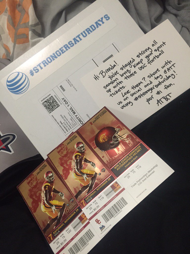 BreNda_G7's tweet photo. Again!!! Thanks a bunch @ATT I am so excited to go to the #USCuclagame #fighton !! #beatthebruins #StrongerSaturday https://t.co/ODB6lqdI7A
