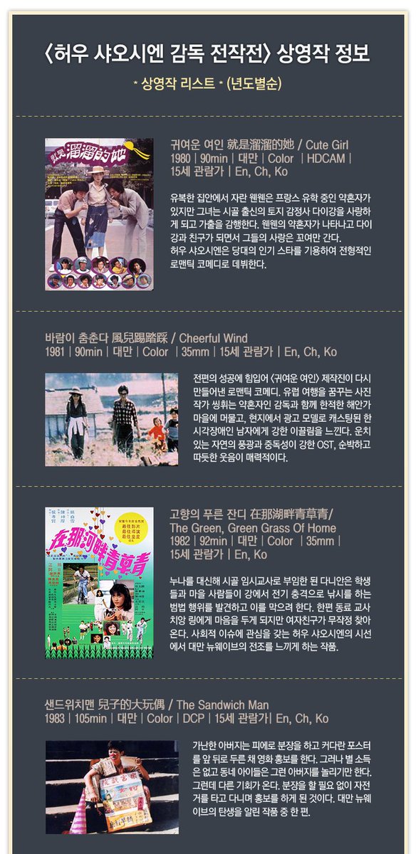 11/13(금)~11/22(일) @씨네코드선재 허우 샤오시엔 감독 전작전에서는 <비정성시>, <남국재건>, <동동의 여름방학>, <쓰리 타임즈>, 그리고 <자객 섭은낭>까...