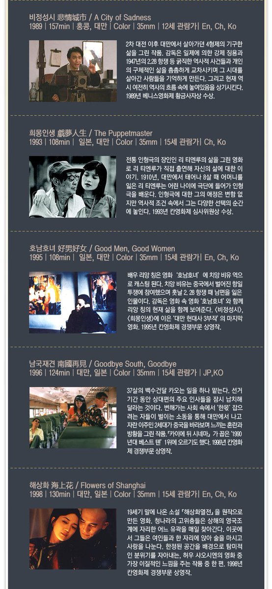 11/13(금)~11/22(일) @씨네코드선재 허우 샤오시엔 감독 전작전에서는 <비정성시>, <남국재건>, <동동의 여름방학>, <쓰리 타임즈>, 그리고 <자객 섭은낭>까...