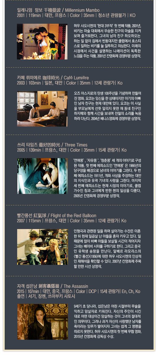 11/13(금)~11/22(일) @씨네코드선재 허우 샤오시엔 감독 전작전에서는 <비정성시>, <남국재건>, <동동의 여름방학>, <쓰리 타임즈>, 그리고 <자객 섭은낭>까...