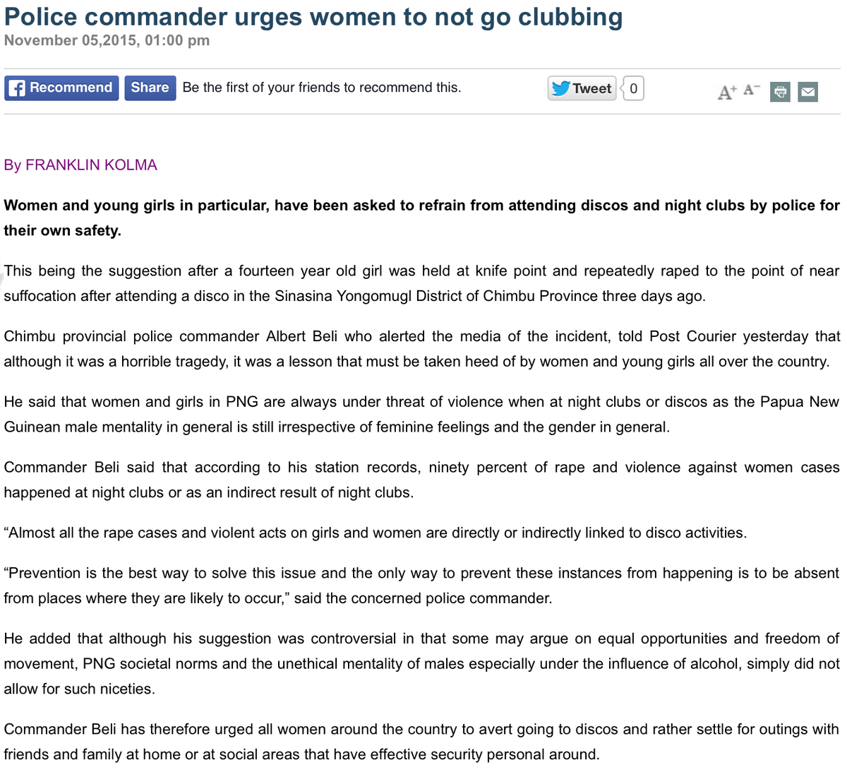#PNG police warn women off going to nightclubs to avoid rape and violence. Via @Post_Courier @FranklinKolma