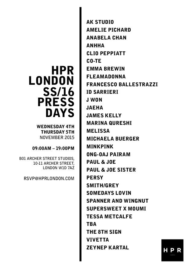 HarrietSpencePR's tweet photo. @TheLDNChatter looking forward to seeing you #hprlondon #pressdays #ss16 https://t.co/o0T8M0pUal