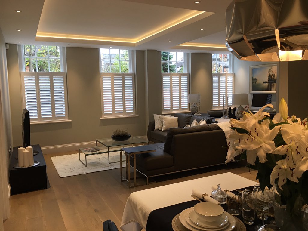 Cafe style tri-fold Lancaster MDF #plantationshutters fitted into our Show Appartment in #Hampton #loveyourhome ❤️