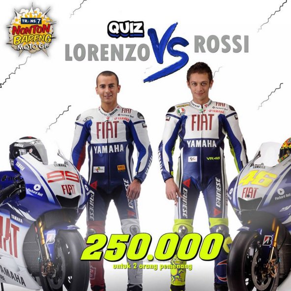 TRANS7's tweet photo. Lorenzo vs Rossi! Siapakah yg akan menjadi juara umum MotoGP 2015? Kirim jawabanmu ke email quiztrans7@gmail.com. https://t.co/mhjaKTvM6P