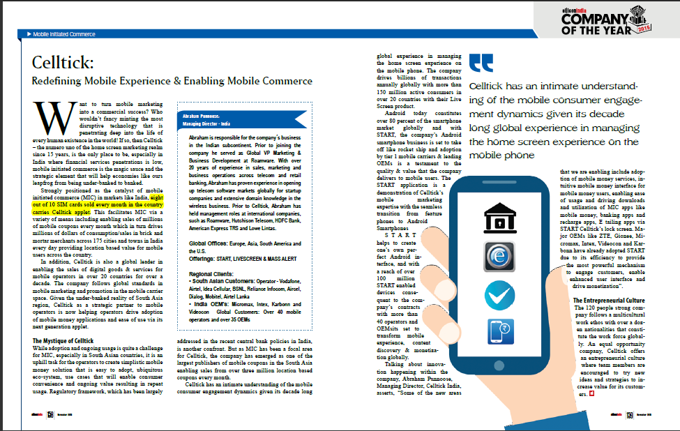 Celltick's tweet photo. #Celltick recognized as company of the year 2015 in the mobile commerce segment by @SiliconIndia ! https://t.co/jrKksPDsG8