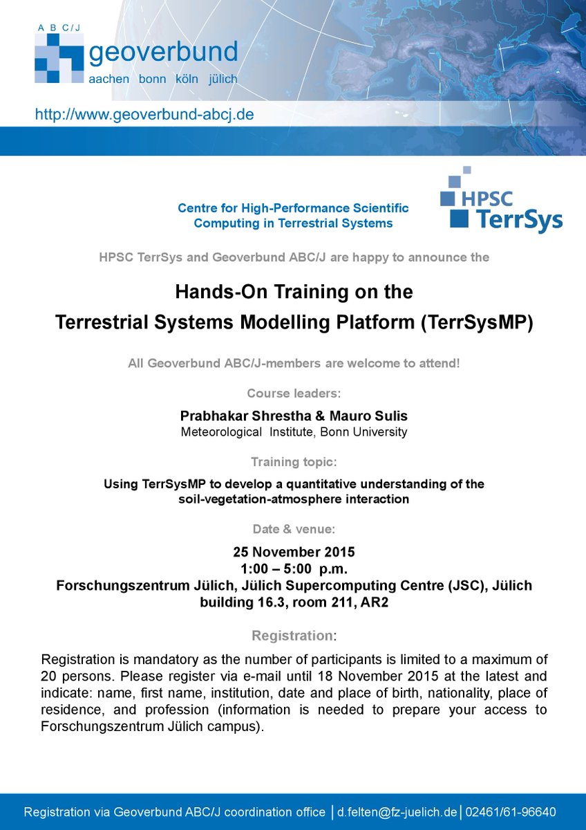 HPSCTerrSys's tweet photo. The next Hands - On Course on the #TerrSysMP is on 25 November 2015 from 13:00 to 17:00 at #JSC! @Geoverbund_ABCJ https://t.co/MSAXXd6Cb4