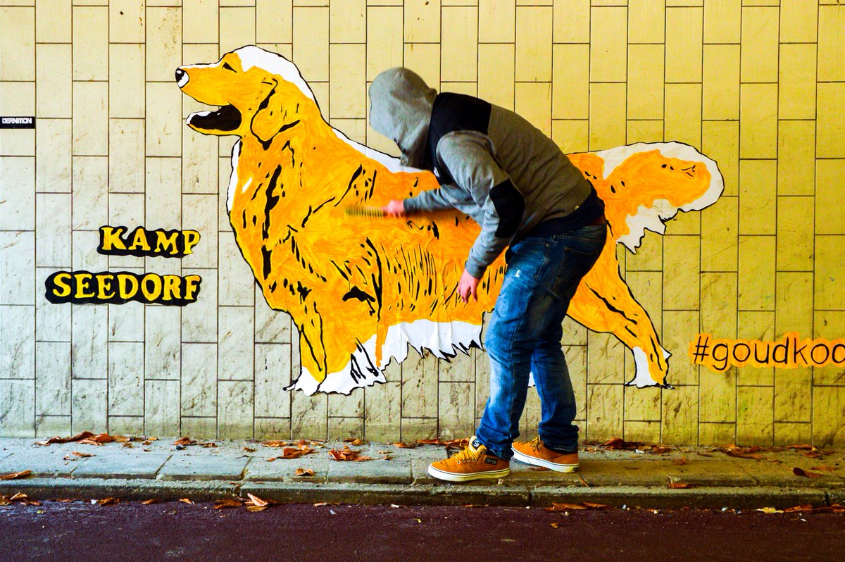 kampseedorf's tweet photo. Dag 4 #goudkoorts: Brave @GoldenRetriever #kampseedorf #utrecht #streetart #handpainted https://t.co/DOedsS7pa9