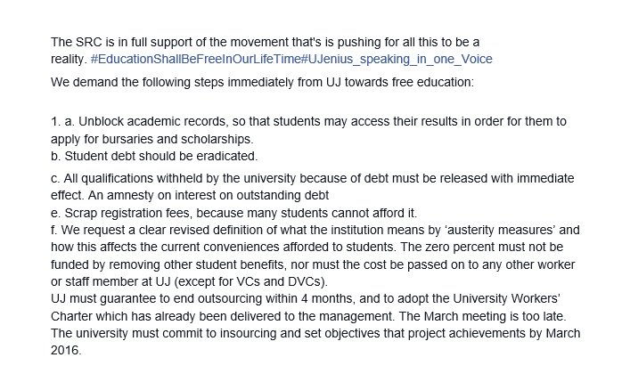 JacaNewswatch's tweet photo. #OccupyUJ Statement by UJ SRC. The SRC President has since been issued a notice of suspension. https://t.co/JORj7ESxWt