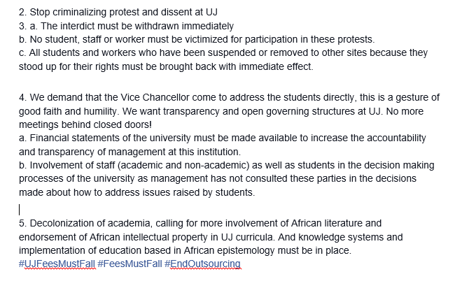 JacaNewswatch's tweet photo. #OccupyUJ Statement by UJ SRC. The SRC President has since been issued a notice of suspension. https://t.co/JORj7ESxWt