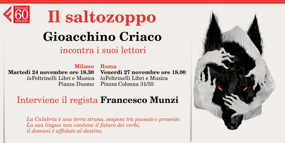 feltrinellied's tweet photo. Martedì 24 a #Milano e venerdì 27 a #roma, @gioacchinocriac vi aspetta a @lafeltrinelli con #IlSaltozoppo! https://t.co/2EhZsh5rtu