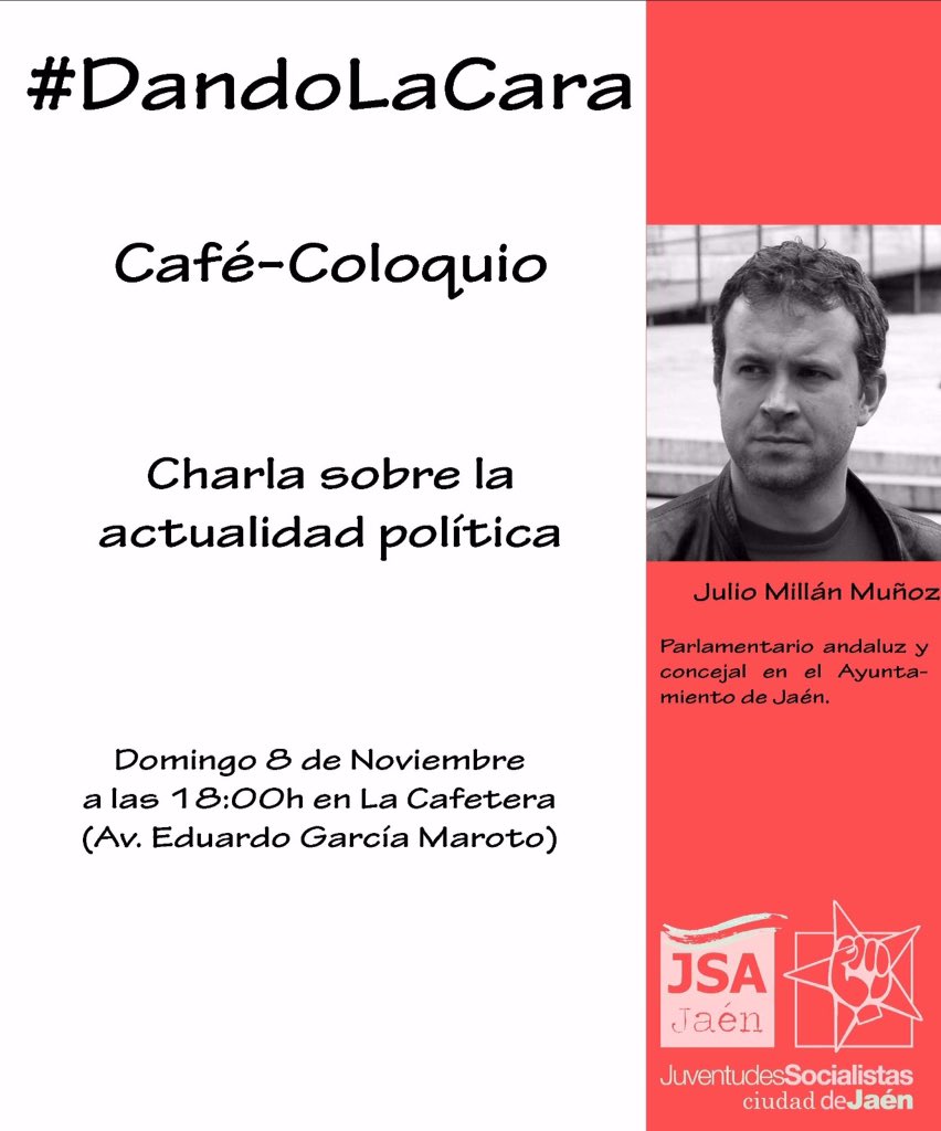 JSAciudad_Jaen's tweet photo. Os esperamos este domingo a las 18h en el 1er Café-Coloquio #DandoLaCara con @Juliomillanjaen https://t.co/hLMPNu1DCe