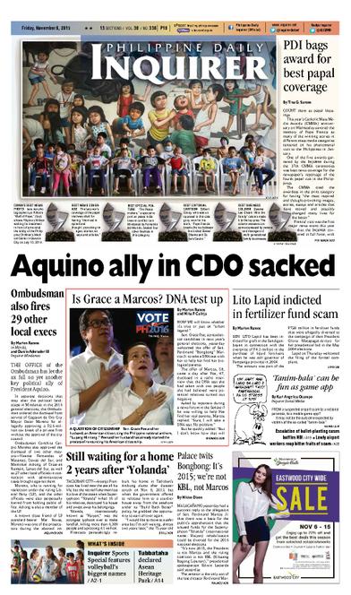inquirerplus's tweet photo. LOOK: Today's Inquirer. Full issue at https://t.co/SM1Wga5Sum #VotePH2016 #CMMA2015 #CMMA #cmmawards #YolandaPH https://t.co/Hxkn2Gph1J