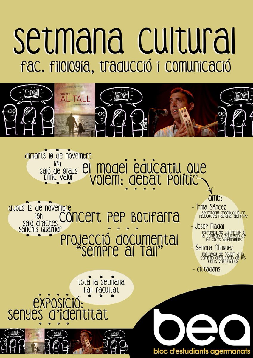 bea_UV's tweet photo. La setmana vinent, a la Facultat de Filologia tindrem per la Setmana Cultural un debat polític i un concert. https://t.co/luXwK4SzrS