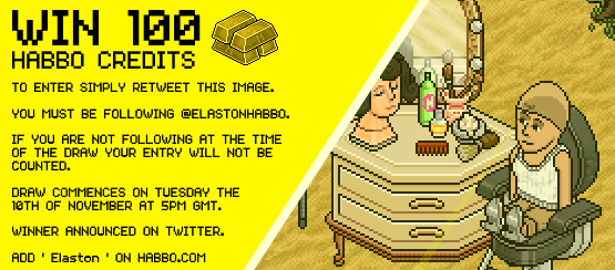 ElastonHabbo's tweet photo. RT Giveaway.

Retweet for a chance to win 100c - must be following me ( @ElastonHabbo ) for your entry to be valid. https://t.co/ekz2zAMMFA