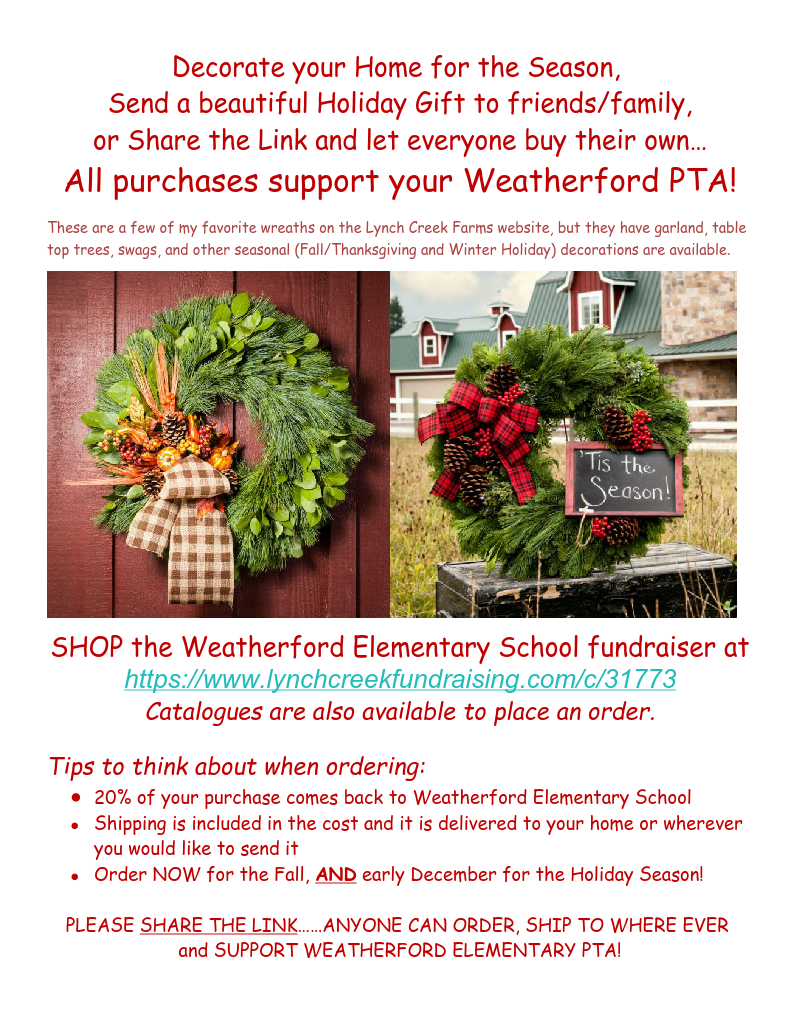 WeatherfordPTA's tweet photo. Holiday Fundraiser https://t.co/LNfyKMqqKl https://t.co/TabEvJ8iDU