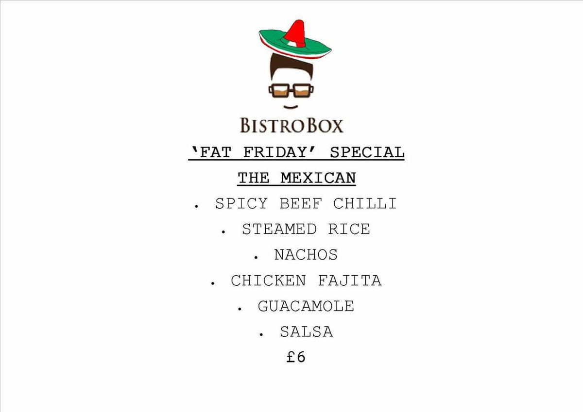 BistroBoxcrewe's tweet photo. Fat Friday special for tomorrow.
Remember to place your order before 10am to receive a a 10% discount! https://t.co/gzKIs1Buy6