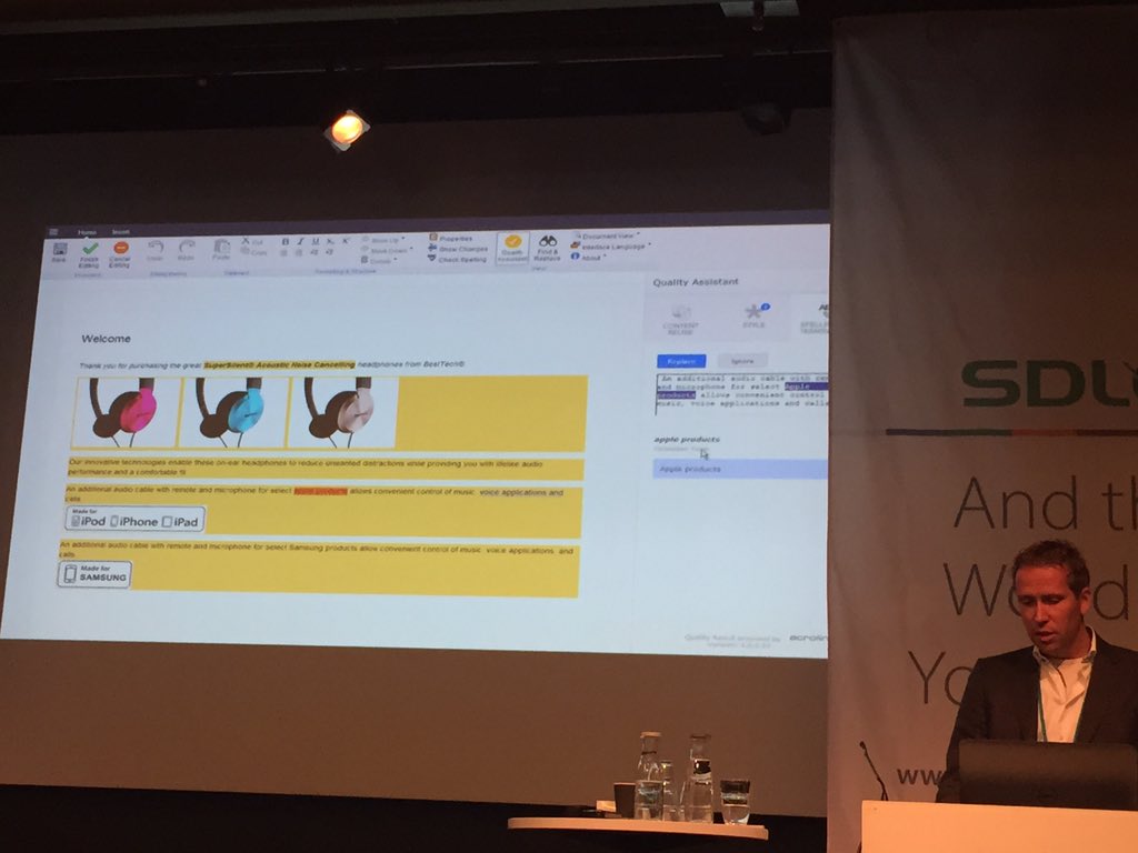 LindseyBuzz's tweet photo. @SDL great visual 4 using #acrolinx technology 2 make sure your content is top notch b4 publishing #sdlsummit https://t.co/OdJ3bHXYHa