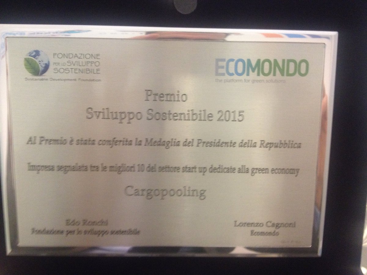 cargopooling's tweet photo. #Cargopooling riceve il premio sviluppo sostenibile @Ecomondo @Riminifieraspa #greeneconomy #ecomondo https://t.co/r7tCzvGPp4