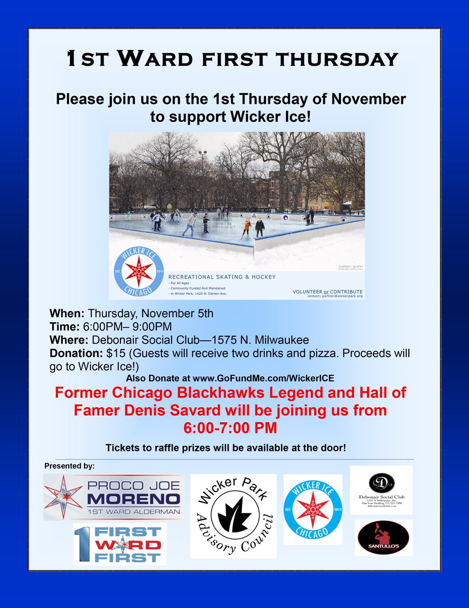 Debonair Social Club (@debonairsocialc) on Twitter photo Please join Hawks legend Denis Savard & Alderman Moreno at Deb tonight to raise funding for <a href="/WickerIce/">Wicker ICE</a>,
#WickerPark Please join Hawks legend Denis Savard & Alderman Moreno at Deb tonight to raise funding for <a href="/WickerIce/">Wicker ICE</a>,
#WickerPark