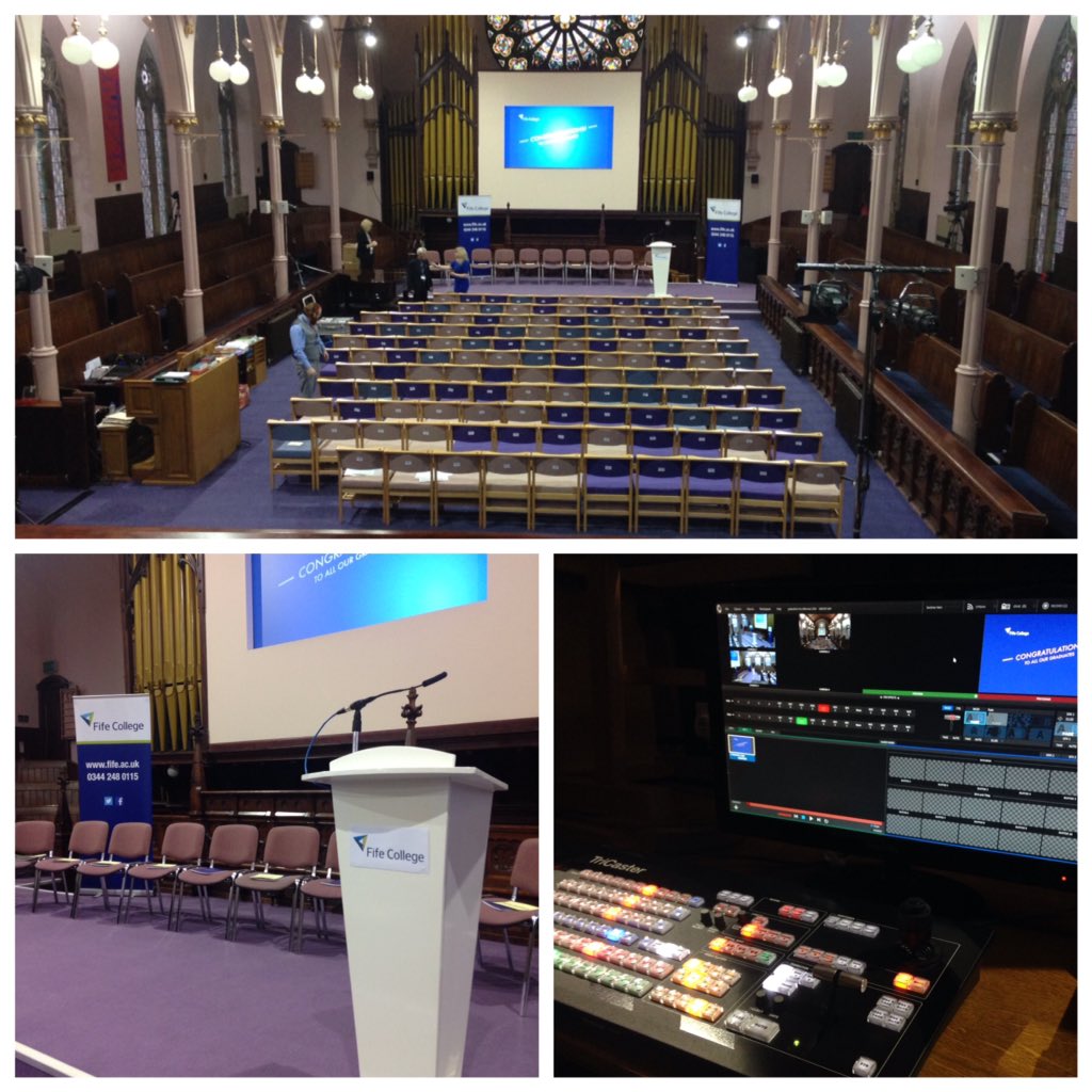 fifecollege's tweet photo. St Bryce Kirk setup is now underway for today and tonight's Graduations. Registration is now open. #Grad15 https://t.co/dw3ZhwMIdO