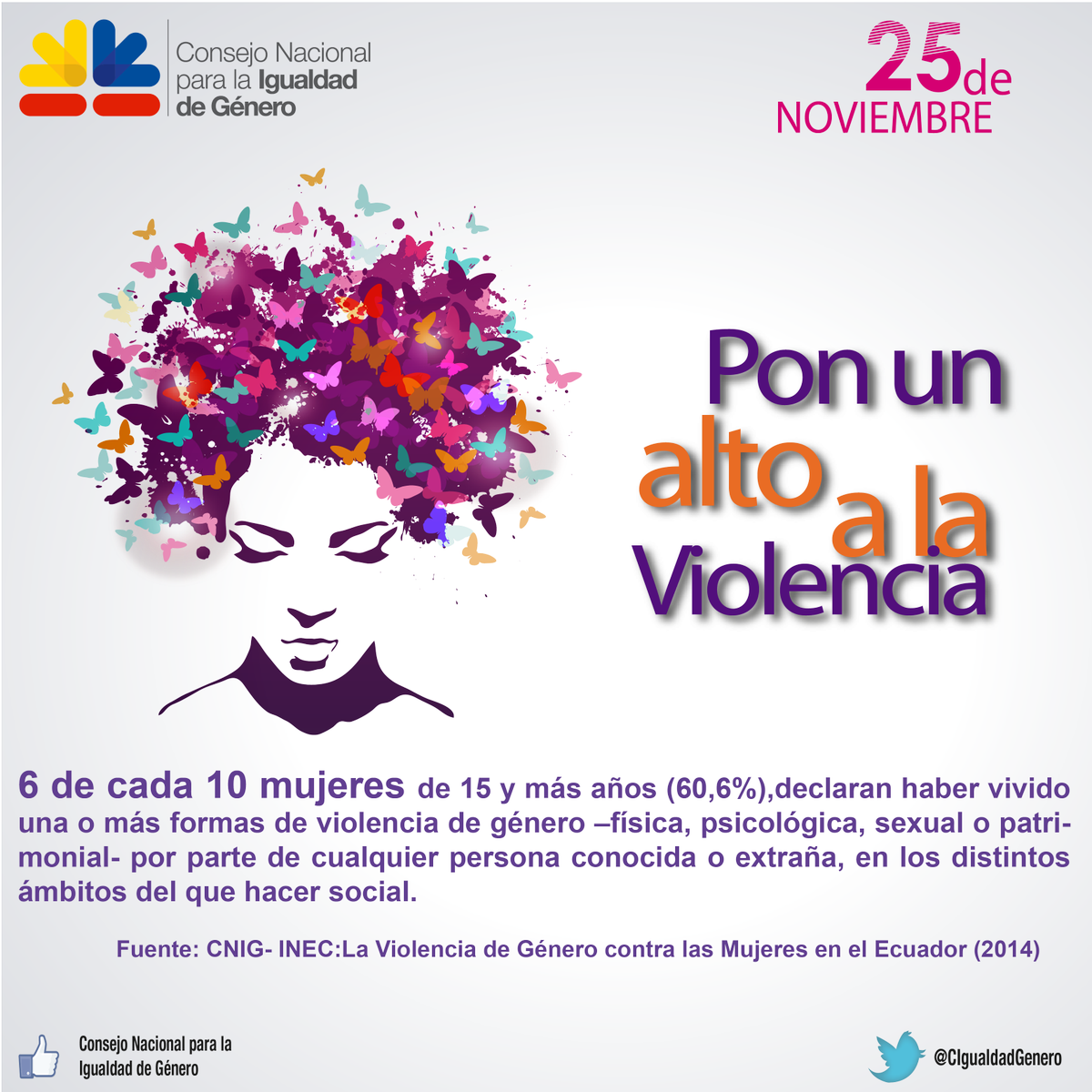 CIgualdadGenero's tweet photo. PON UN ALTO A LA VIOLENCIA! 25 Noviembre"Día Internacional de Lucha por la Eliminación de Violencia Contra la Mujer" https://t.co/nEBjEfUfp7